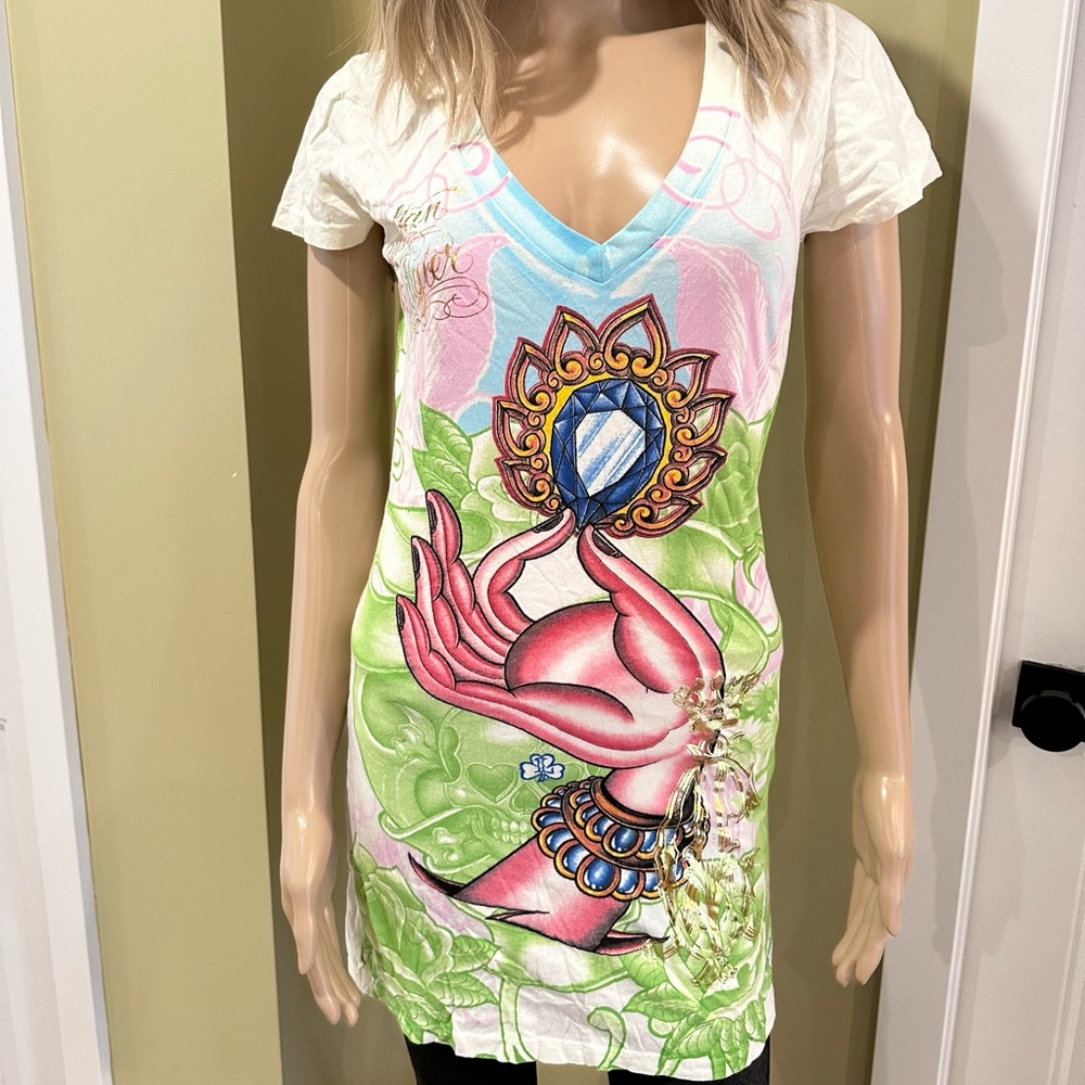 Christian Audigier Colorful Graphic V-Neck Women's Top T Shirt Dress